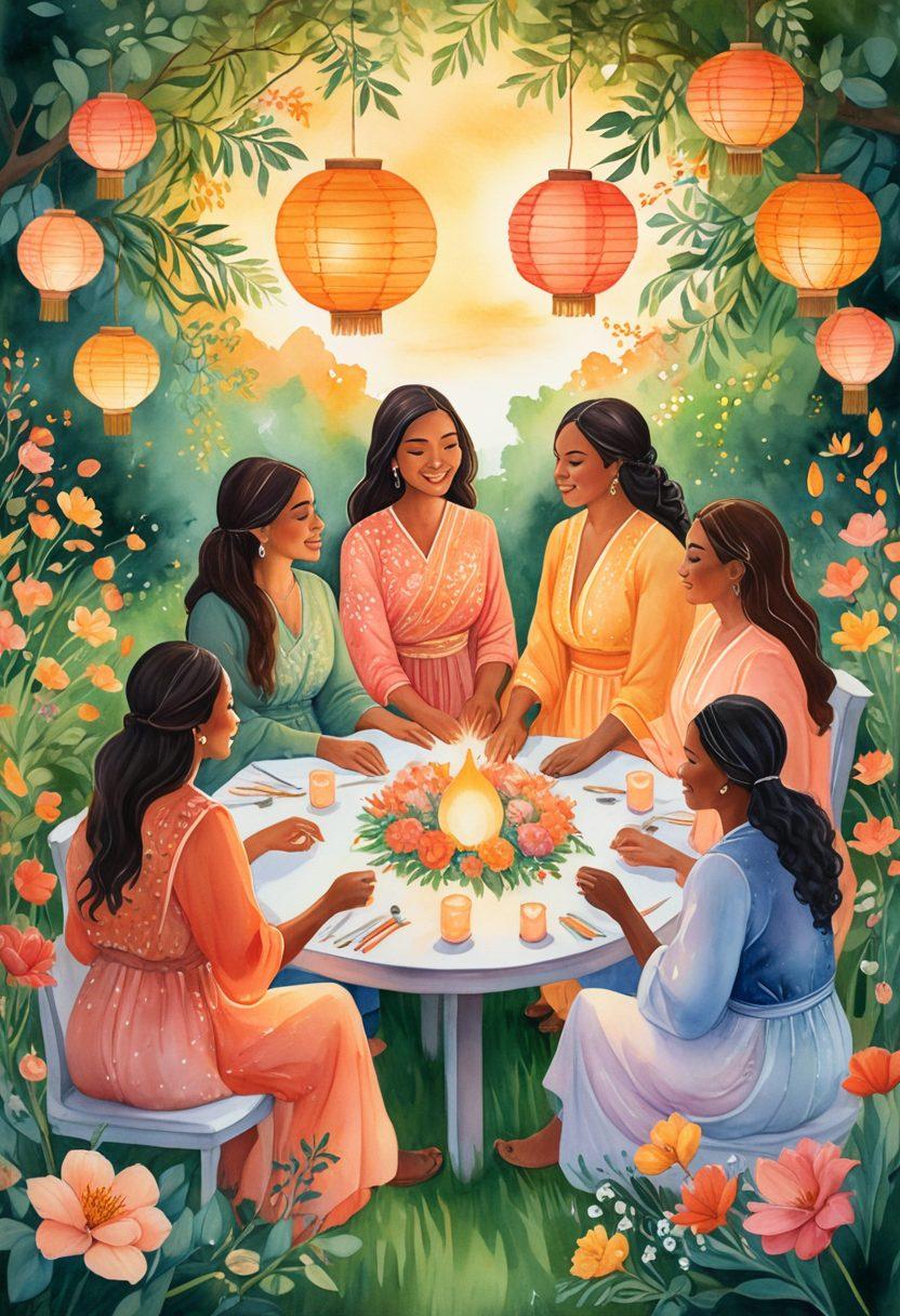 A diverse group of women leaders gathered in a circle, engaging in a heartfelt discussion, surrounded by nature and symbols of empowerment like blooming flowers and glowing lanterns. Their expressions reflect strength and compassion, with soft pastel colors dominating the scene. In the background, a sunrise signifies new beginnings and hope. Artistic flair to emphasize unity and warmth. vibrant colors. watercolor style.