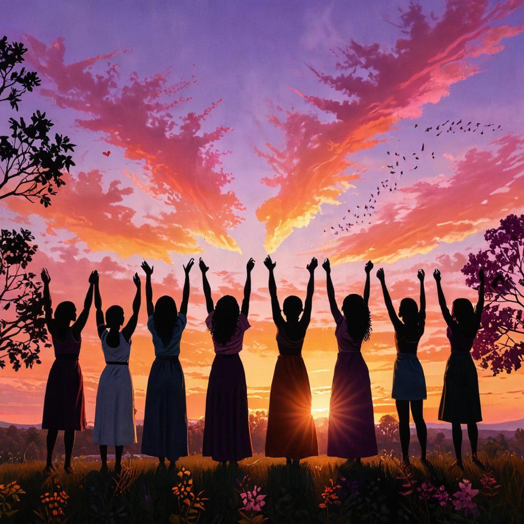 A powerful and uplifting scene depicting a diverse group of women from various backgrounds standing together, their hands raised in unity, surrounded by symbols of community strength like trees and hearts. The background features a colorful sunset, symbolizing hope and change. Incorporate elements like books, tools, and seeds to represent empowerment and growth. The mood should be inspiring and vibrant. super-realistic. vibrant colors.