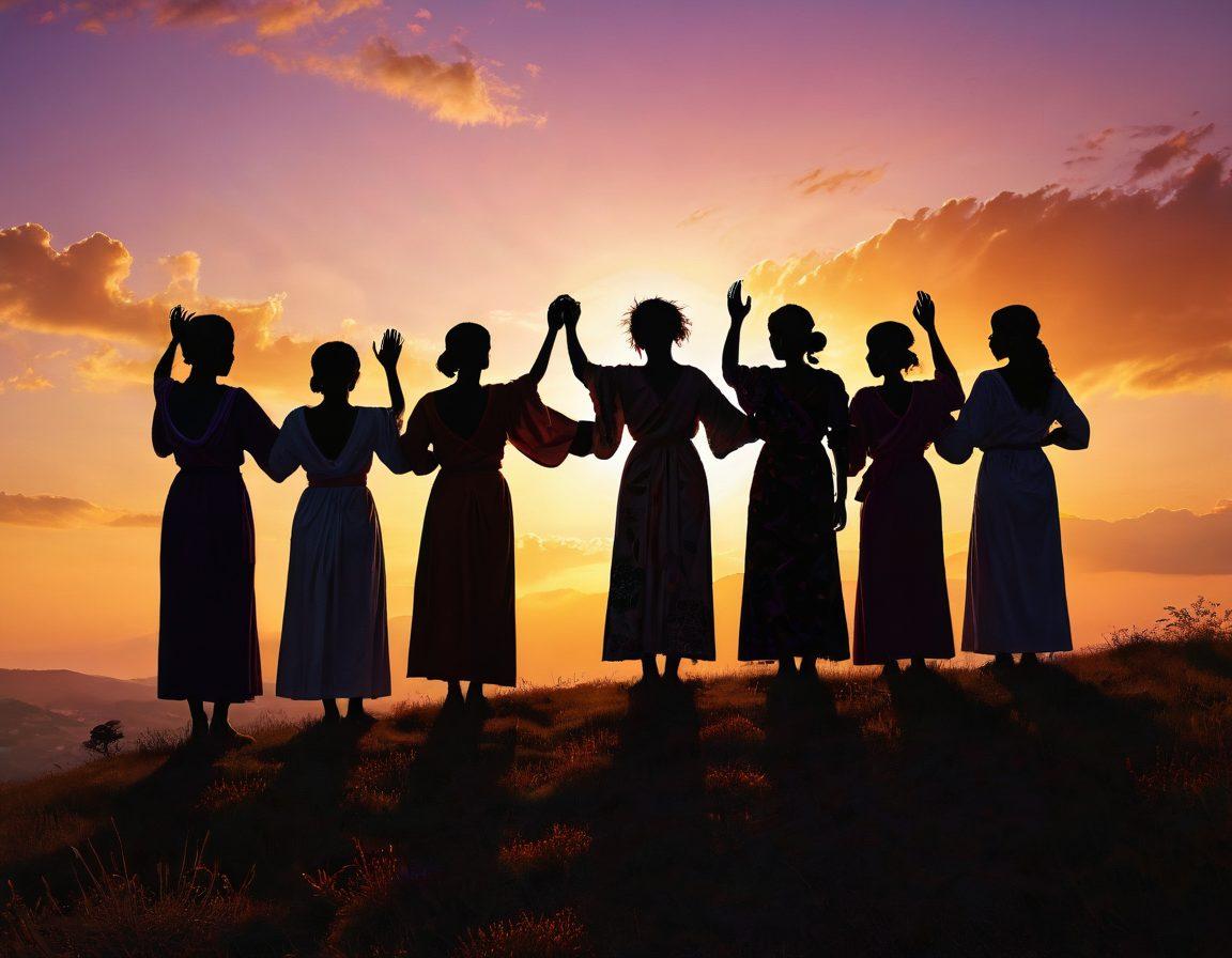 A powerful, diverse group of girls and women standing together on a hilltop, their silhouettes illuminated by a rising sun, symbolizing hope and empowerment. Each woman has a unique cultural attire, representing strength in diversity, holding hands in solidarity. The sky is painted with warm, vibrant colors to evoke inspiration and courage. Super-realistic. Vibrant colors. Dynamic composition.